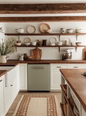A light-filled, minimalist kitchen with open shelving showcasing vintage-inspired dishes and rustic wooden accents.  A sage green dishwasher and wooden countertops complete the aesthetic