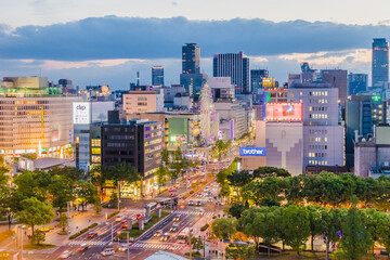  light in Nagoya city Japan. Panoramic modern city bird eye view on Nagoya TV Tower, landmark of Nagoya. Oasis21, Aichi art center.