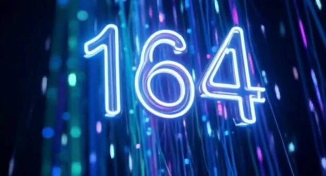 Neon number 164 on colorful digital background