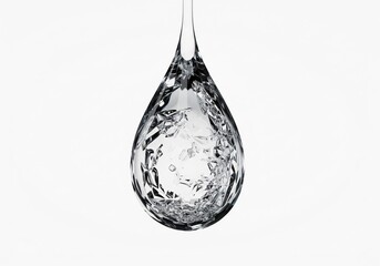 Reflective Teardrop Essence. A large, clear water droplet reveals an intricate, fractured internal structure, symbolizing resilience and beauty amidst chaos. Pure and isolated on white.