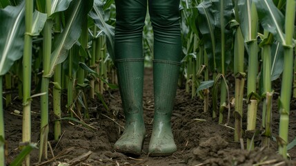 A knee high photograph of a farmer standing between rows of corn, wearing rubber boots.