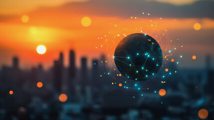 Smart Innovation city with connection cyber security network reciprocity over the sunset cityscape future wireless digital city and social media networking systems that connects people in the city