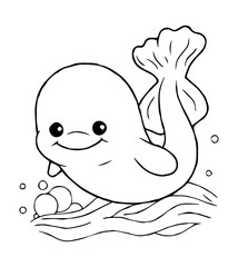 Cartoon whale swims above wavy lines surrounded by bubbles with a happy expression
