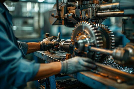 Worker operates machinery in an industrial setting, adjusting gears with precision while wearing protective gloves.