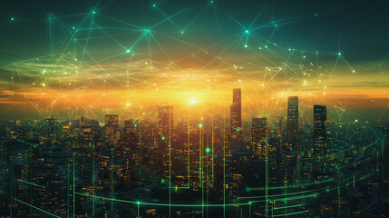 Fototapeta premium Smart digital Innovation city with connection network reciprocity over the cityscape. of future smart wireless digital city and social media networking systems that connects people with in city