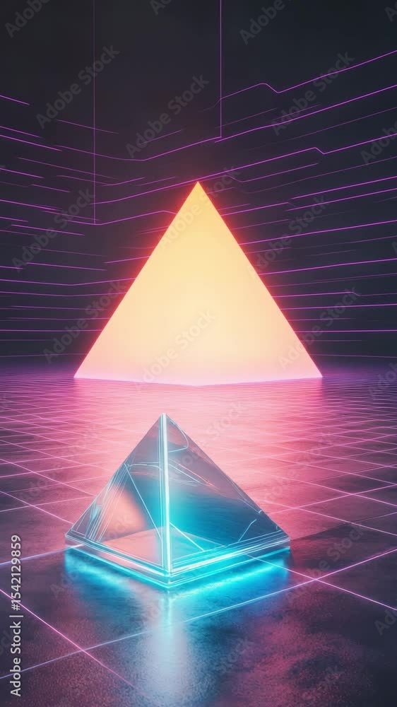 Poster stunning display of light and geometry with glowing pyramids in a dark setting