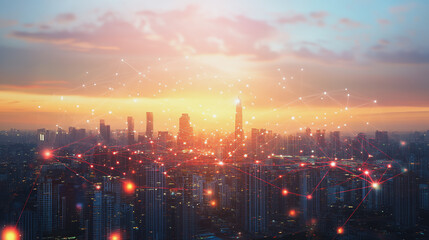 Fototapeta premium sunrise Aerial view of Smart digital Innovation city with connection network reciprocity over the cityscape. of future smart wireless digital city and social media networking systems that connects