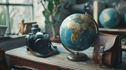 A vintage globe, camera, and leather bag rest on a wooden desk in a softly lit room filled with plants and travel-inspired decor.