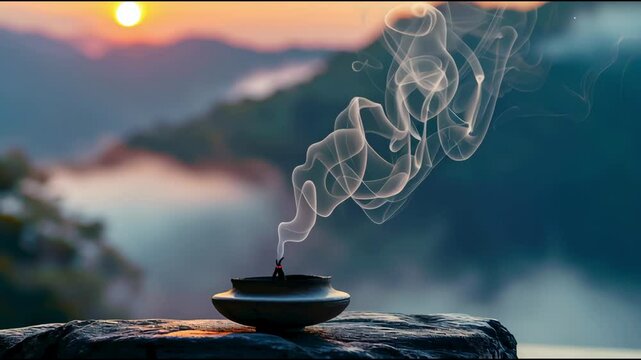 Smoke incense cones on beautiful landscape background on sunset. Meditative scenery .