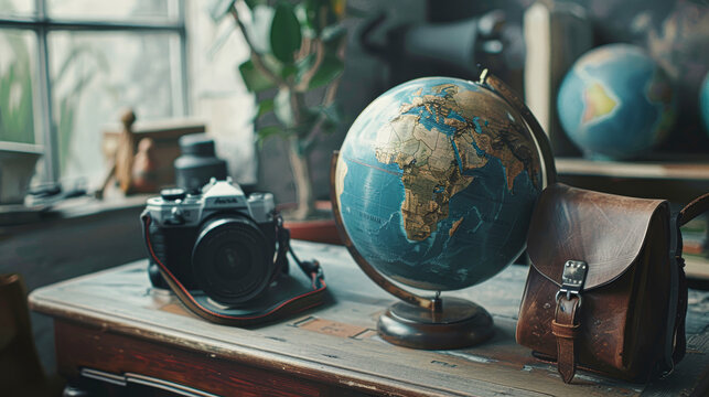 A vintage globe, camera, and leather bag rest on a wooden desk in a softly lit room filled with plants and travel-inspired decor. - Powered by Adobe