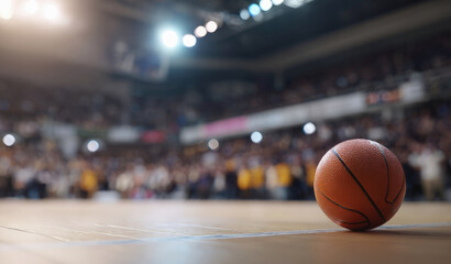 Close-up of basketball resting on indoor court with blurred stadium crowd and bright lights, capturing game intensity, anticipation and professional sports atmosphere.