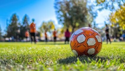 Soccer ball on a grassy field, players in the background
