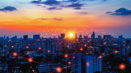 Obraz premium sunrise Aerial view of Smart digital Innovation city with connection network reciprocity over the cityscape. of future smart wireless digital city and social media networking systems that connects