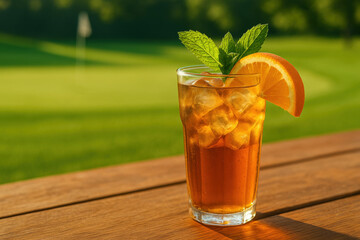 Refreshing iced tea with lemon and mint garnish on a wooden table outdoors with a lush green golf course background