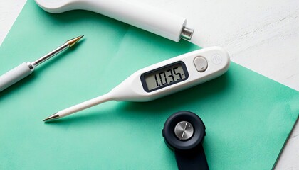Medical thermometer and pen on green paper background  