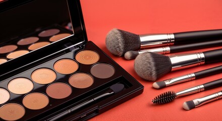 A kit of makeup and brushes isolated on red colored solid background 