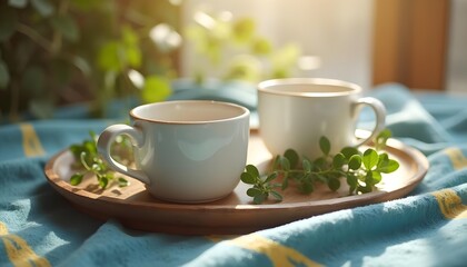 Refreshing Morning Tea Two Mugs with Greenery and Natural Light Nature & Wellness Concept