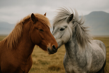 Obraz premium Two icelandic horses standing close together in a grassy field with misty mountains in the background during overcast weather