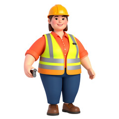 Smiling female construction worker wearing yellow safety vest, orange shirt, blue pants, and hard hat, holding tape measure, standing confidently, isolated on transparency background