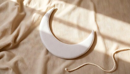 White crescent moon decoration on beige fabric background with rope  