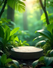 Realistic Stone Podium with Green Tropical Leaves and Sunlight in Natural Eco-Friendly Background for Product Display