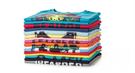 stack of colorful shirts isolated on solid white colored background