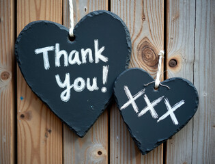 Heart-shaped Slate Boards with "Thank You!" and "xxxx" on Wooden Planks