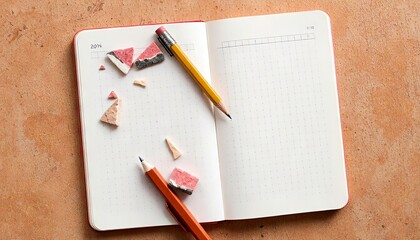 Open notebook with colorful pencils and eraser pieces on cover  