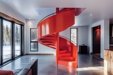 A striking red spiral staircase with sleek metal railings, vibrant red spiral staircase featuring modern metal railings