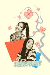 Zine banner vertical photo collage of two happy korean girl stand flower bloom sakura tree eastern tradition spring walk