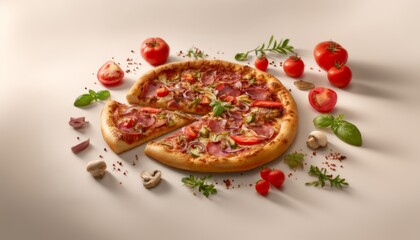Vibrant pizza with fresh basil leaves and cherry tomatoes flying dynamically against a studio background, ideal for commercial advertising, promotional poster design showcasing gourmet Italian cuisine