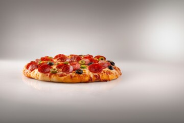 Vibrant pizza with fresh basil leaves and cherry tomatoes flying dynamically against a studio background, ideal for commercial advertising, promotional poster design showcasing gourmet Italian cuisine
