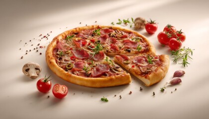 Vibrant pizza with fresh basil leaves and cherry tomatoes flying dynamically against a studio background, ideal for commercial advertising, promotional poster design showcasing gourmet Italian cuisine