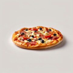 Vibrant pizza with fresh basil leaves and cherry tomatoes flying dynamically against a studio background, ideal for commercial advertising, promotional poster design showcasing gourmet Italian cuisine