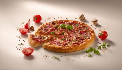 Vibrant pizza with fresh basil leaves and cherry tomatoes flying dynamically against a studio background, ideal for commercial advertising, promotional poster design showcasing gourmet Italian cuisine
