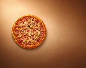 Vibrant pizza with fresh basil leaves and cherry tomatoes flying dynamically against a studio background, ideal for commercial advertising, promotional poster design showcasing gourmet Italian cuisine
