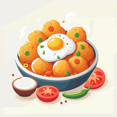 Obraz premium Cartoonish food bowl with meatballs egg tomato and chili creating a vibrant and playful illustration