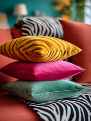 Stylish set of stacked decorative pillows in vivid zebra print and velvet textures