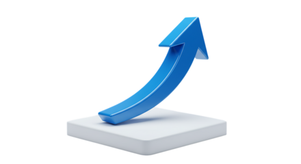 3d render of a blue upward arrow on a white cube isolated on white background