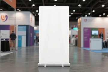 A white retractable banner stand is positioned in the middle of an active trade show floor with various booths and people in the background.