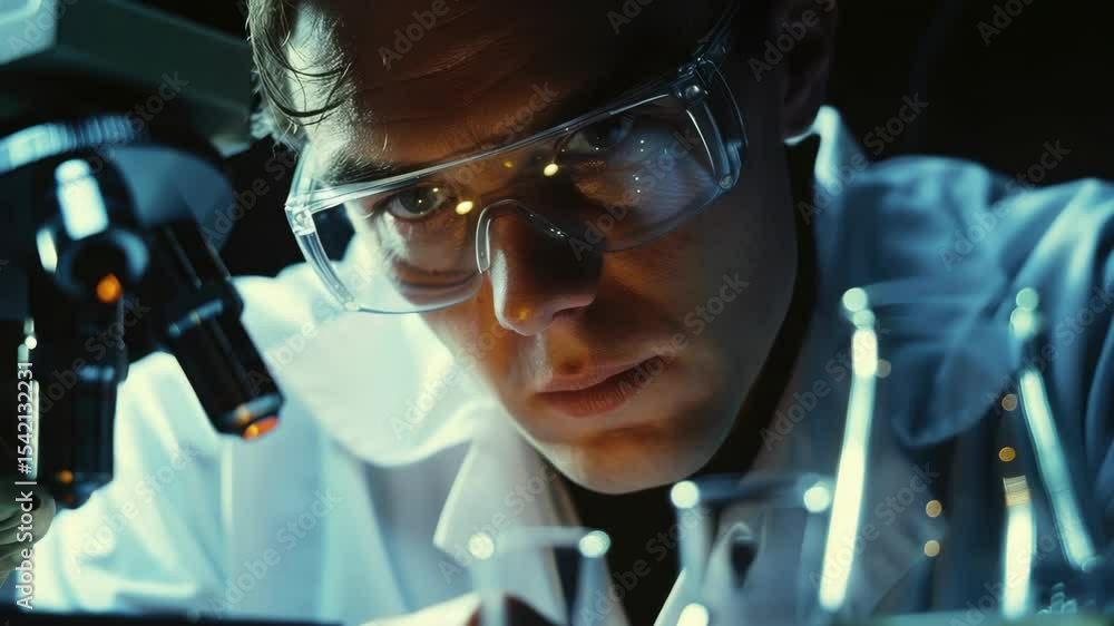 Poster the features a scientist in a laboratory setting, engaged in an analytical task using various pieces