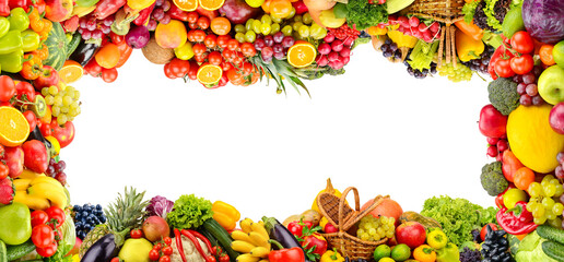 Beautiful frame of healthy bright fruits and vegetables isolated on white