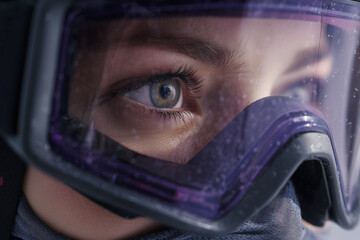 close-up of a woman wearing snow goggles with icy glass, focused eyes visible through purple frame, winter sports gear, cold weather and snow details