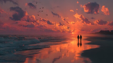 Couple Walking on the Beach at Dramatic Sunset