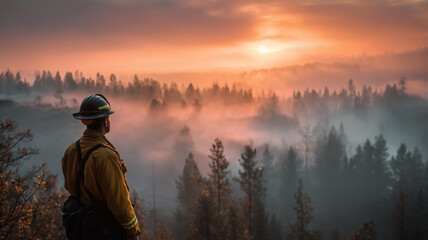 Brave firefighter observes sunrise piercing smoky sky above scorched forest, embodying strength and renewal
