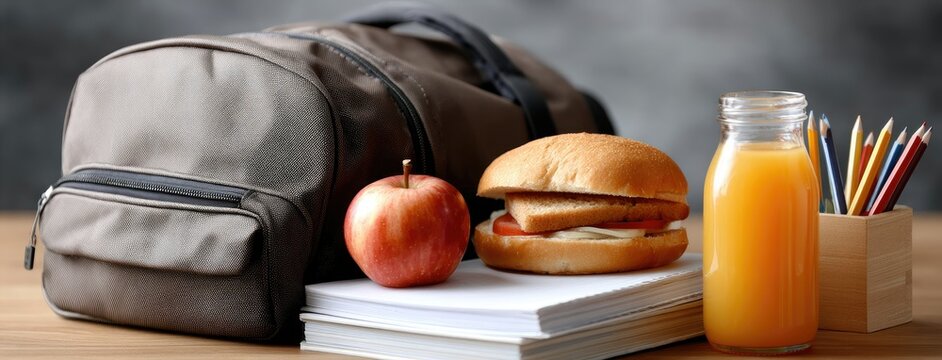 Lunch items including a sandwich, green apple, and juice bottle are neatly arranged on a school or office table with a laptop, offering a vibrant and inviting workspace.