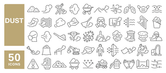 Set of 50 line icons related to dust, odor, smoke, sand, dusting, allergen, dust cleaning, Editable stroke. Vector illustration