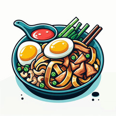 Cartoonish ramen bowl illustration featuring eggs noodles greens sauce and chopsticks