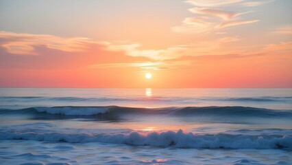 A serene ocean horizon with soft waves under a glowing orange sunset sky