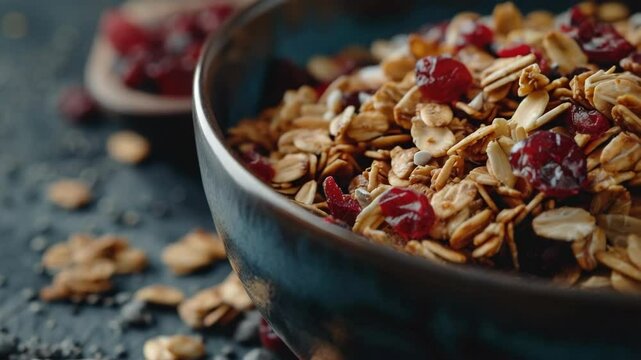 Bowl of whole grain cereal with dried berries, promoting healthy and delicious breakfast or snack options.